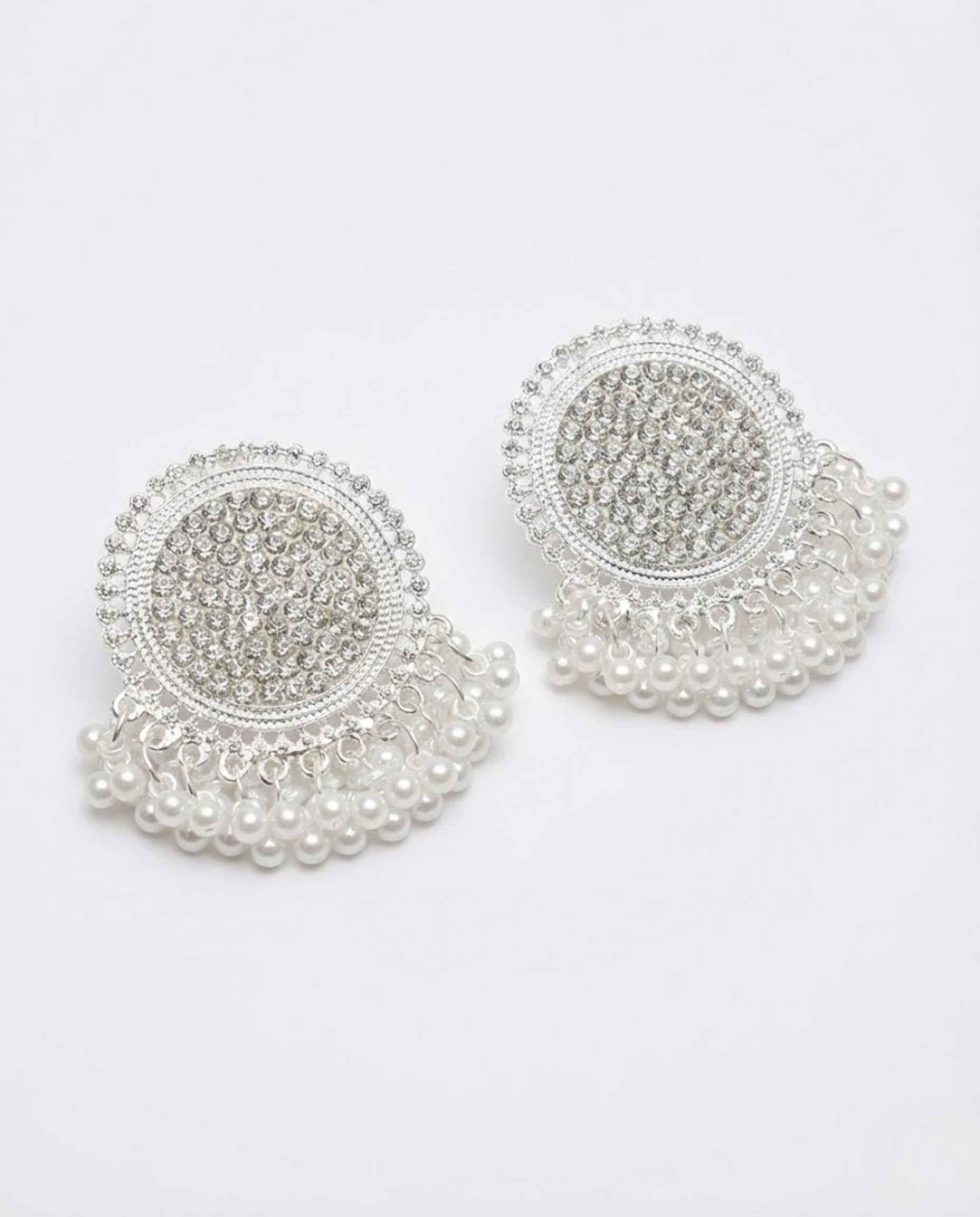 Silver Pearl Stud Earrings with Crystal Chandbali Detail