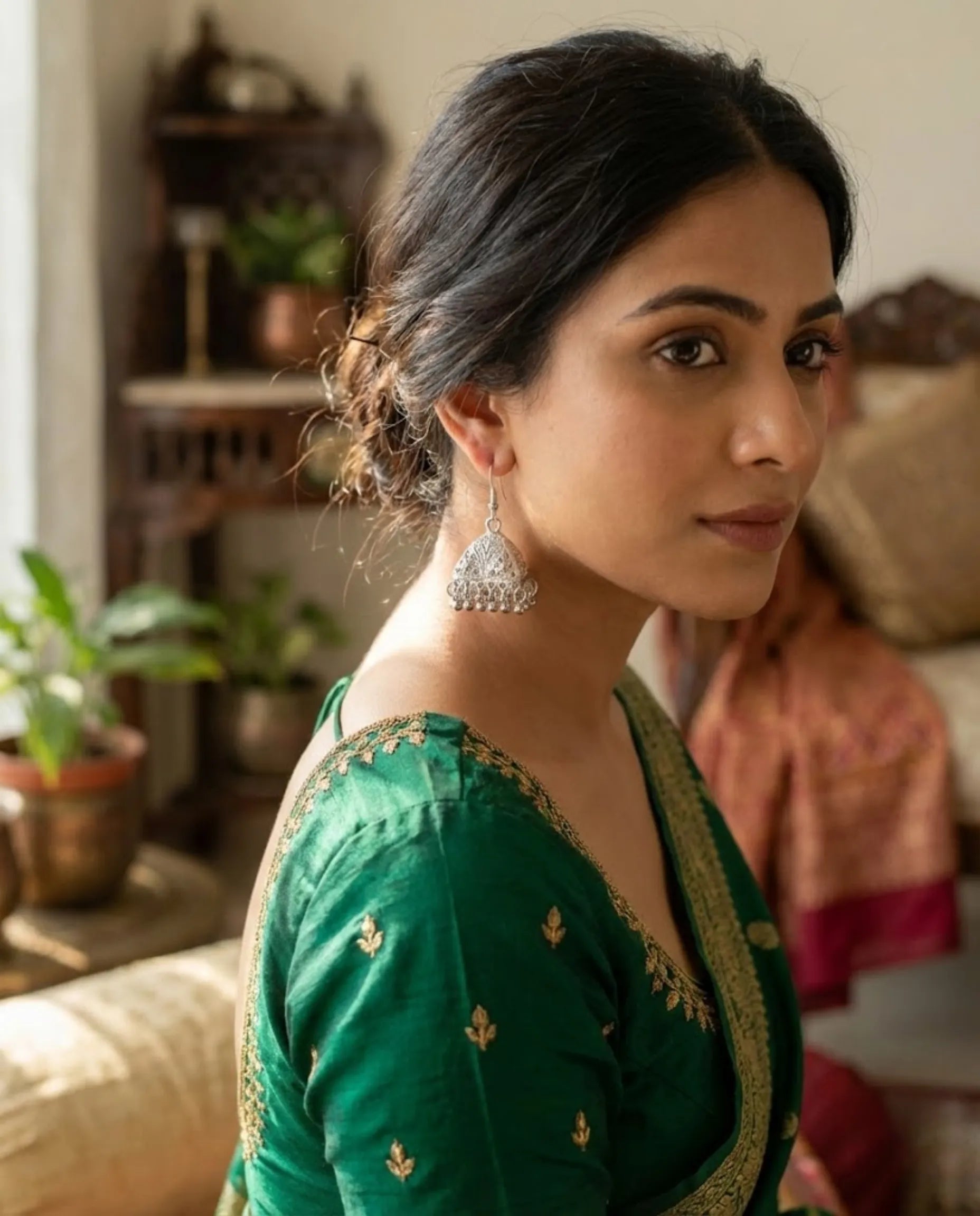 Orneza Silver Oxidized Triangular Filigree Jhumka Earrings