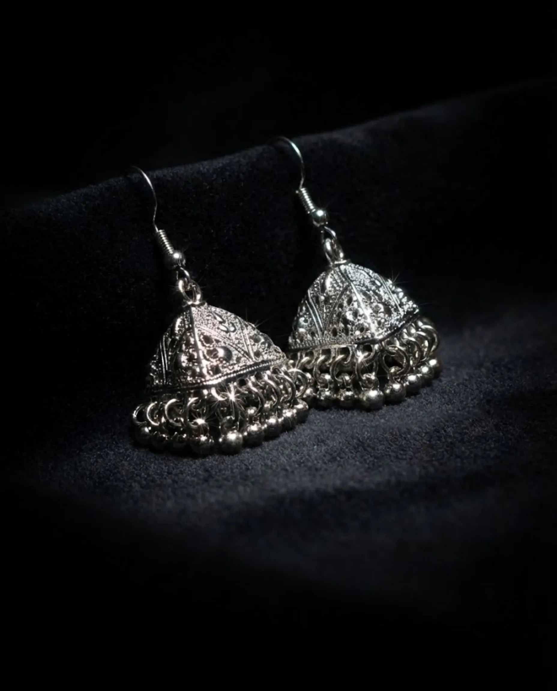 Orneza Silver Oxidized Triangular Filigree Jhumka Earrings