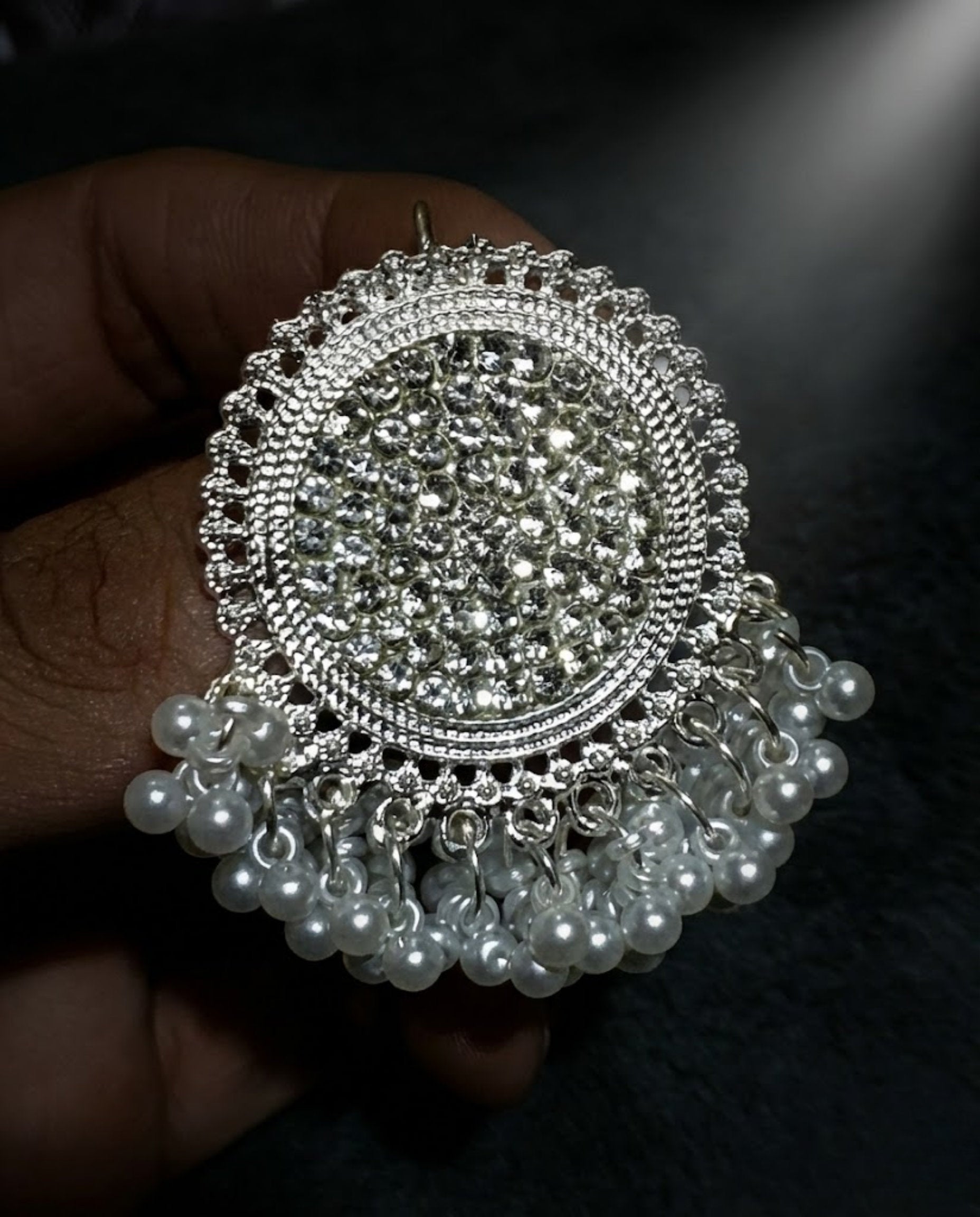 Silver Pearl Stud Earrings with Crystal Chandbali Detail