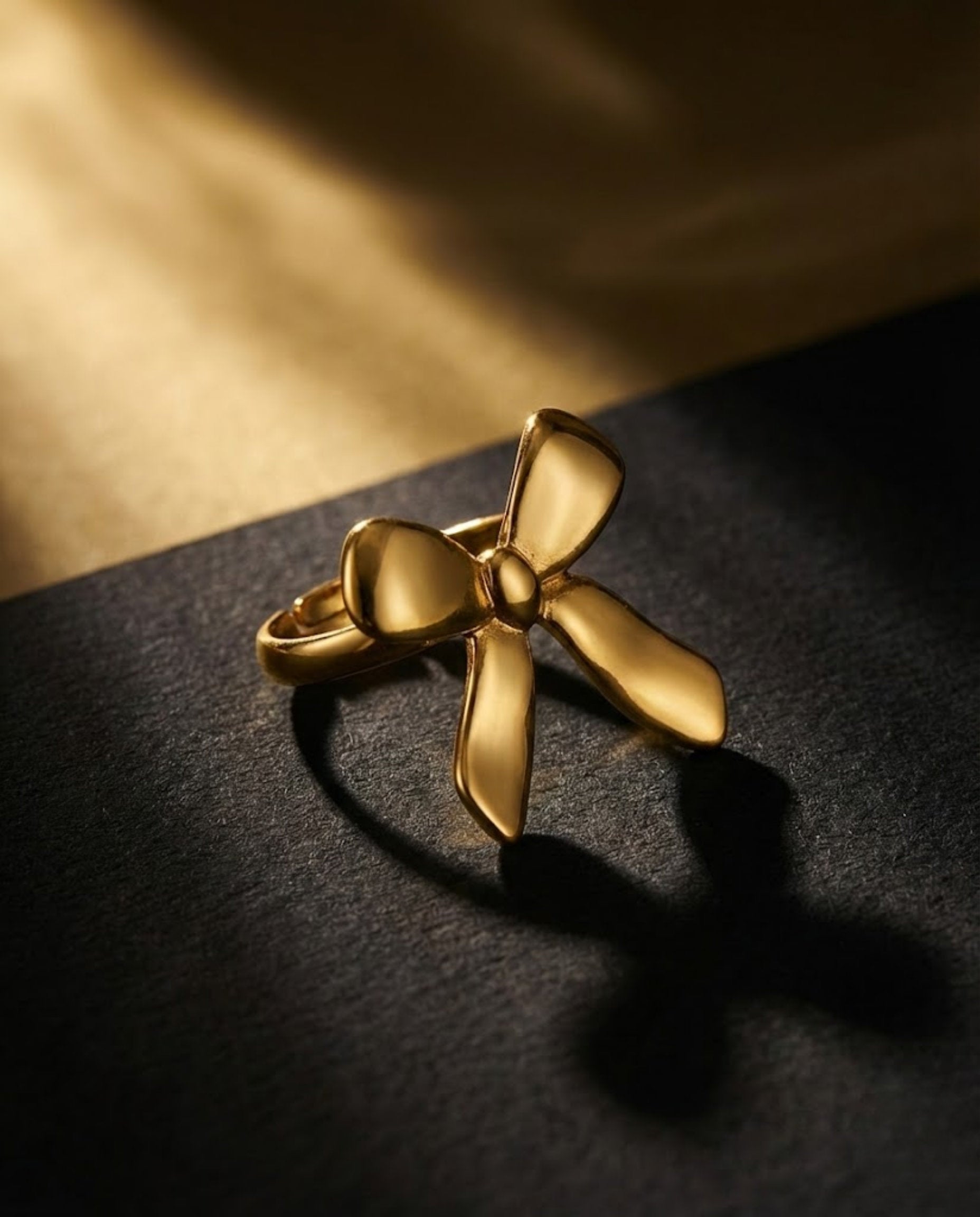 Orneza Gold Plated Sculptural Bow Adjustable Statement Ring