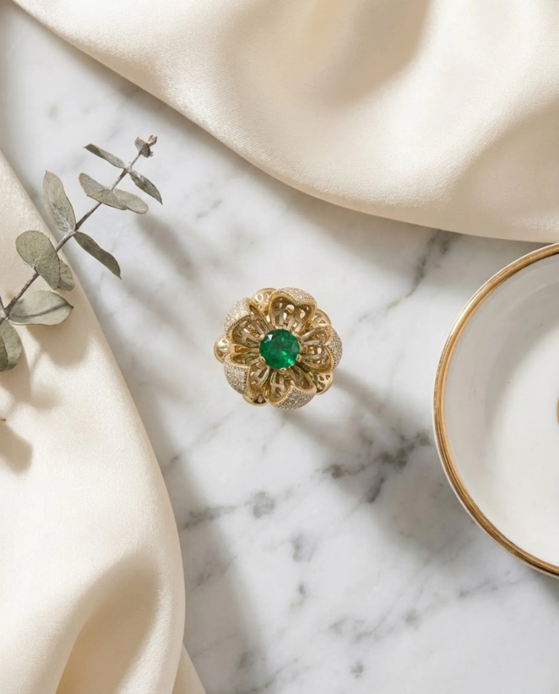 Orneza Blooming Lotus Emerald Gold Ring with Pavé Crystals