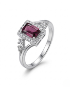 Orneza Emerald Cut Rhodolite Garnet Halo Ring in Silver