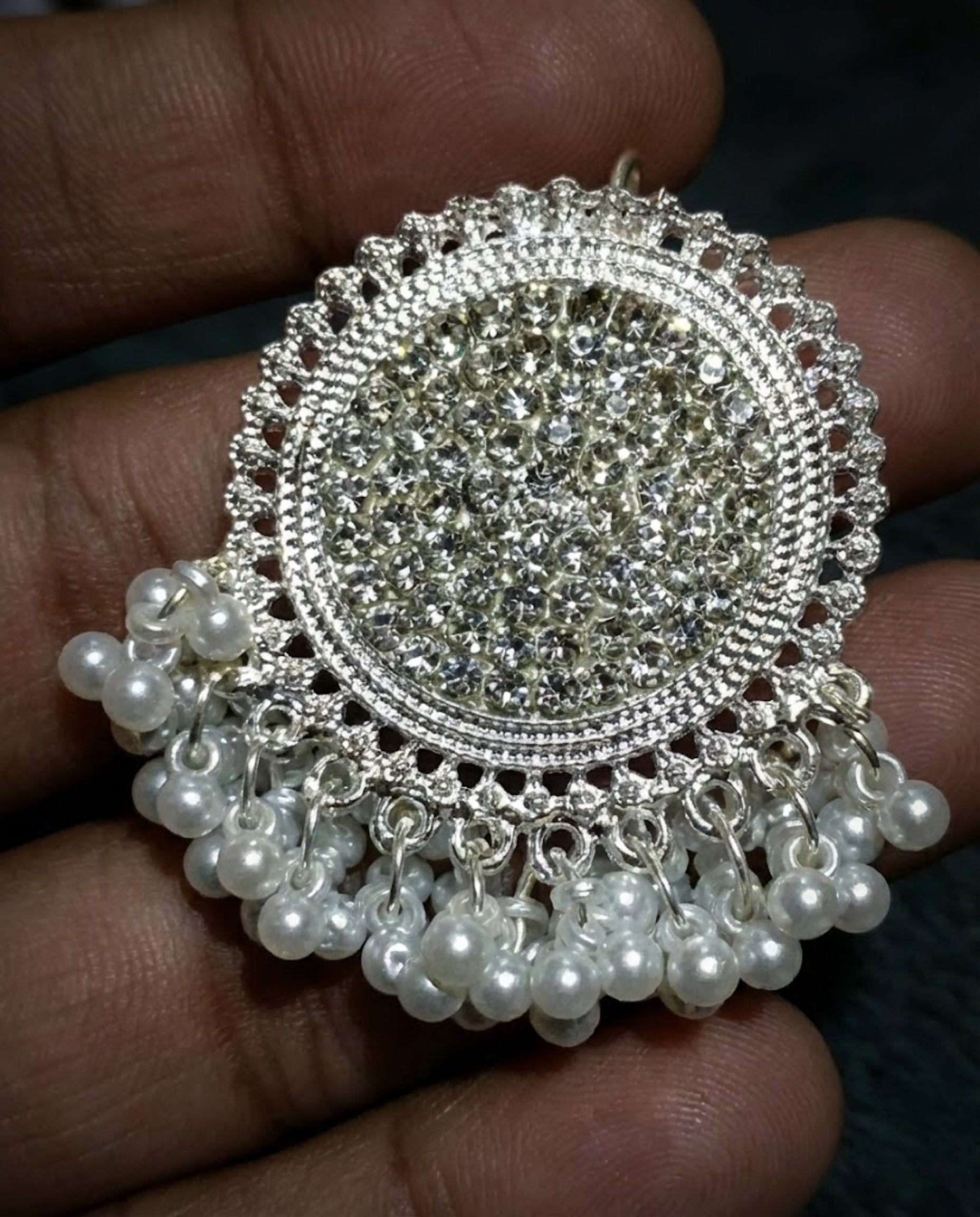 Silver Pearl Stud Earrings with Crystal Chandbali Detail