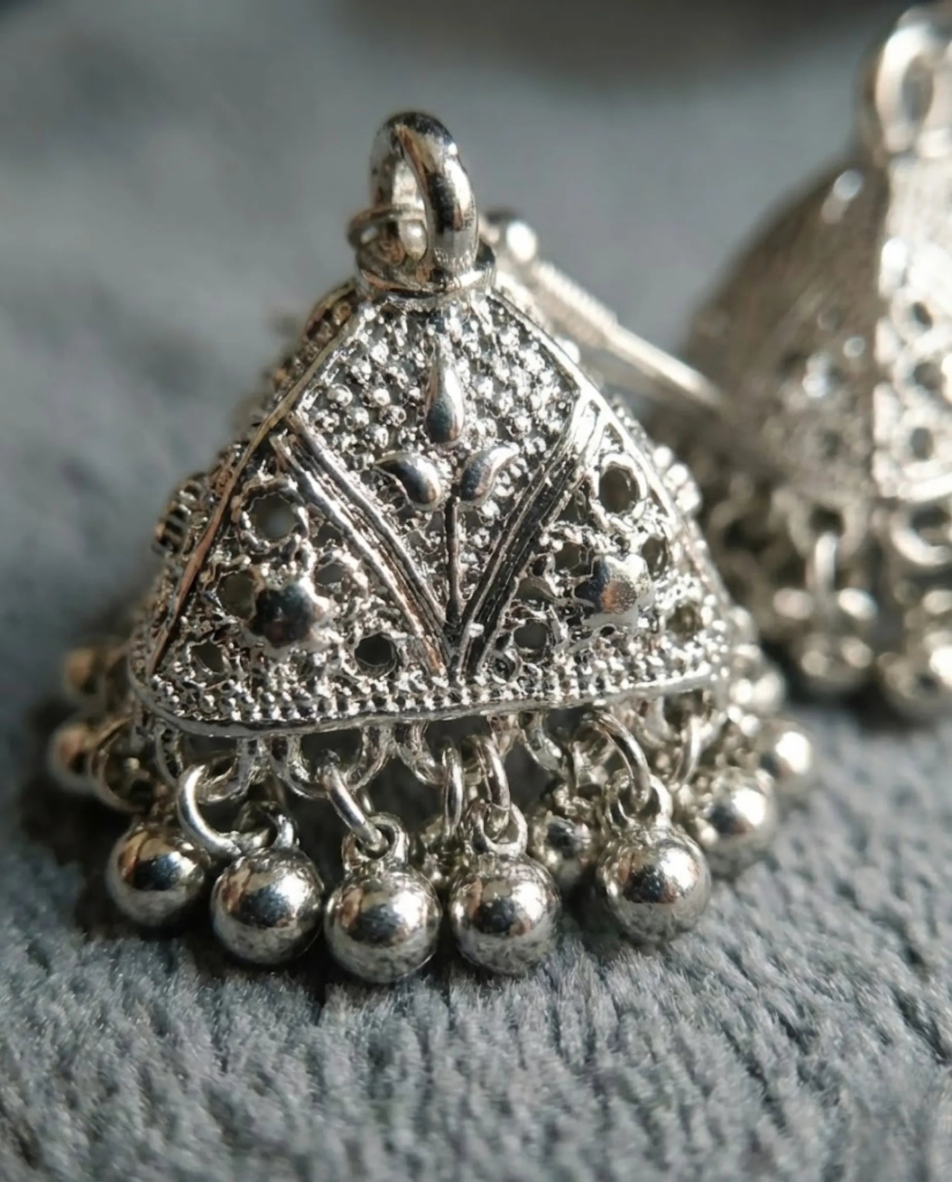 Orneza Silver Oxidized Triangular Filigree Jhumka Earrings