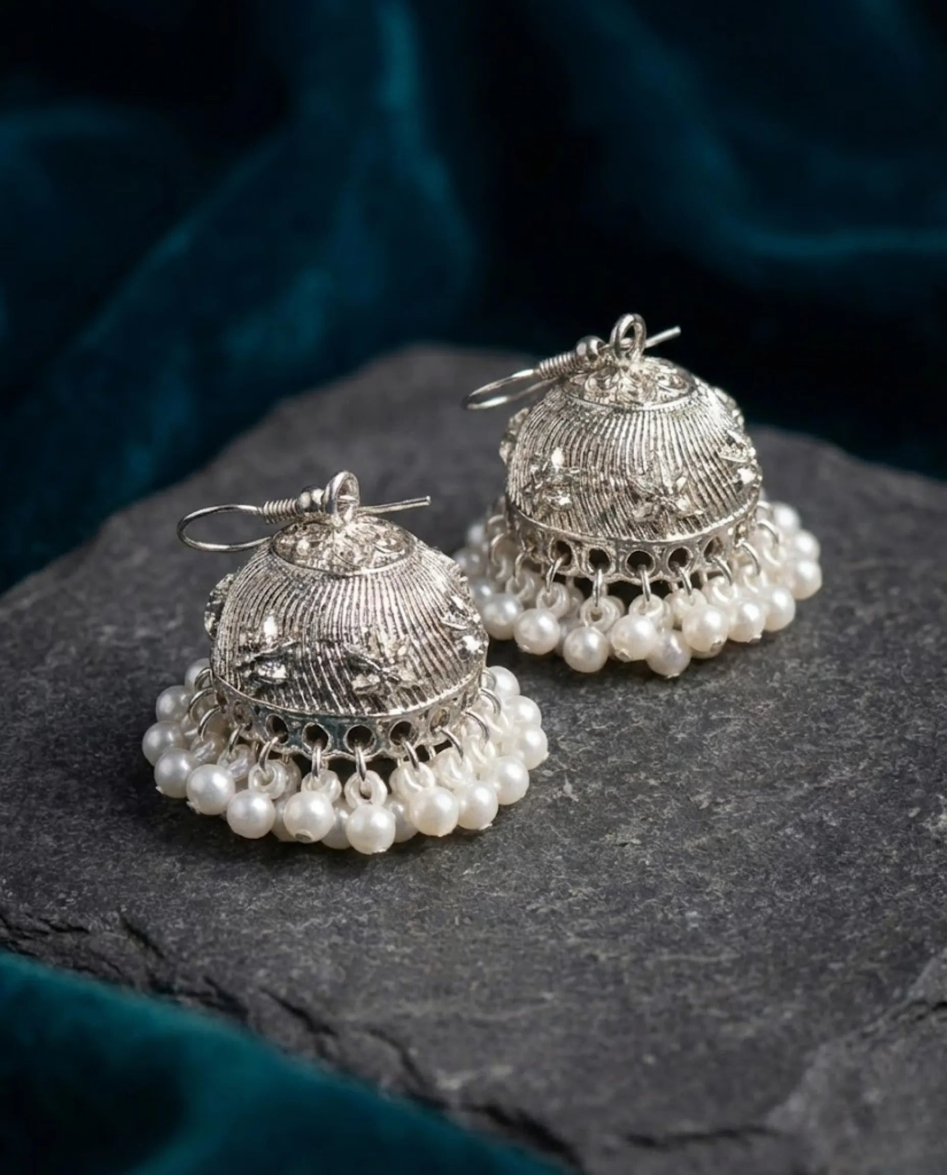 Orneza Silver Floral Filigree Jhumka Earrings with Pearls
