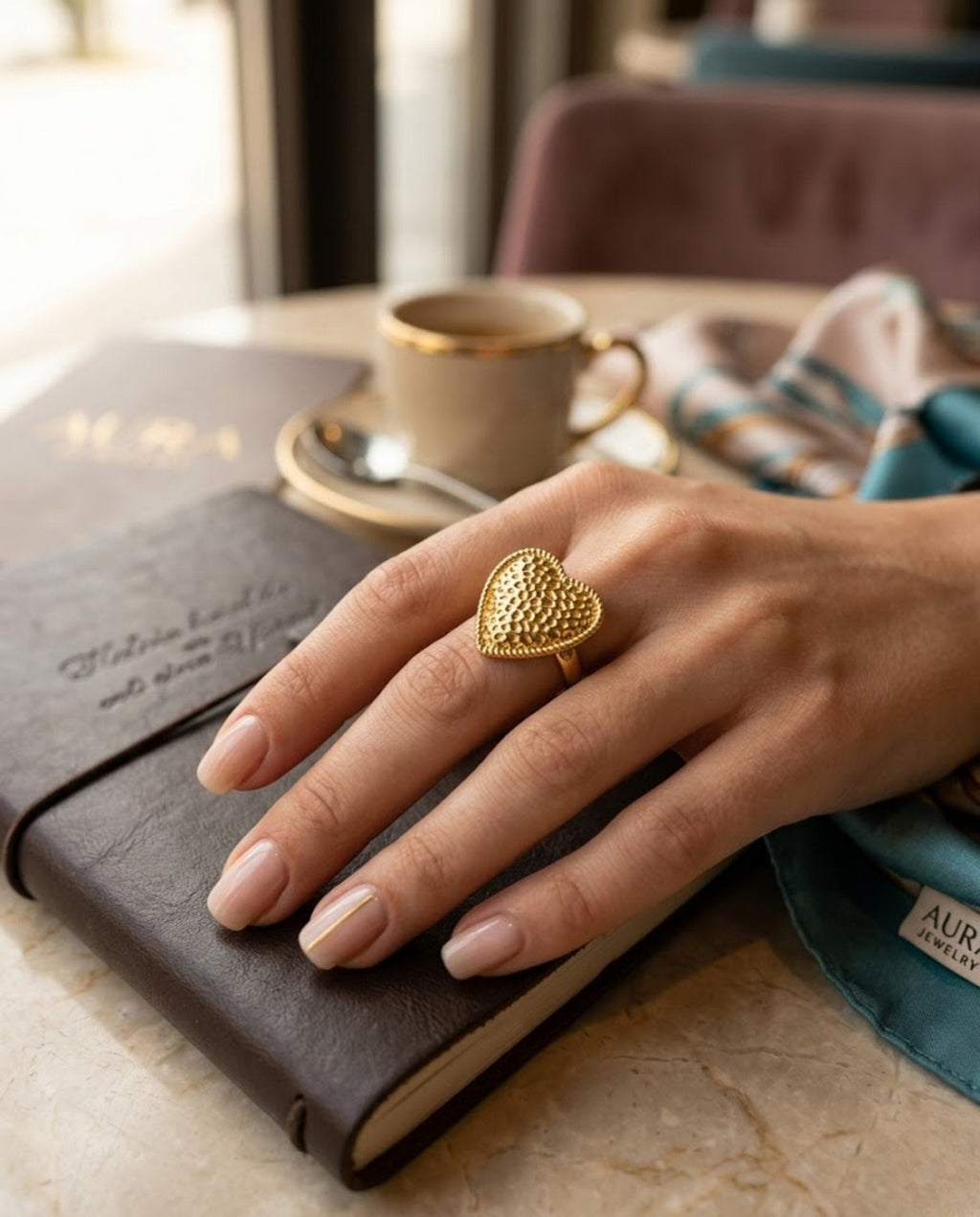 Orneza Amora Textured Gold Heart Statement Ring