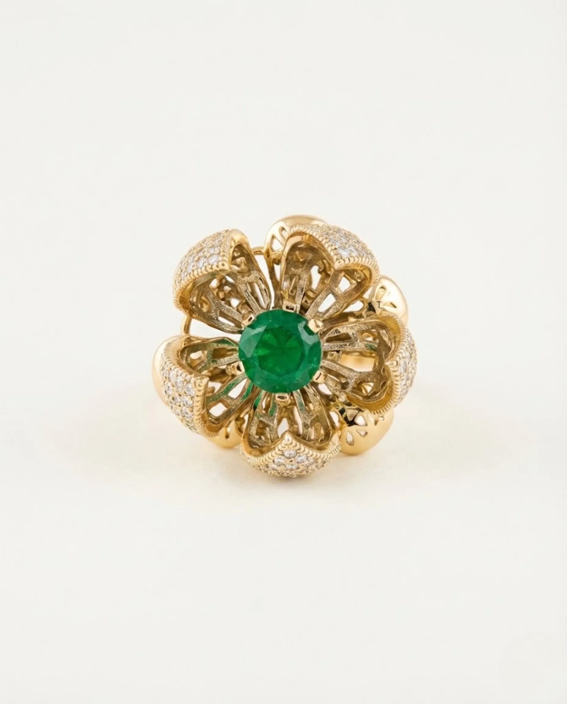 Orneza Blooming Lotus Emerald Gold Ring with Pavé Crystals