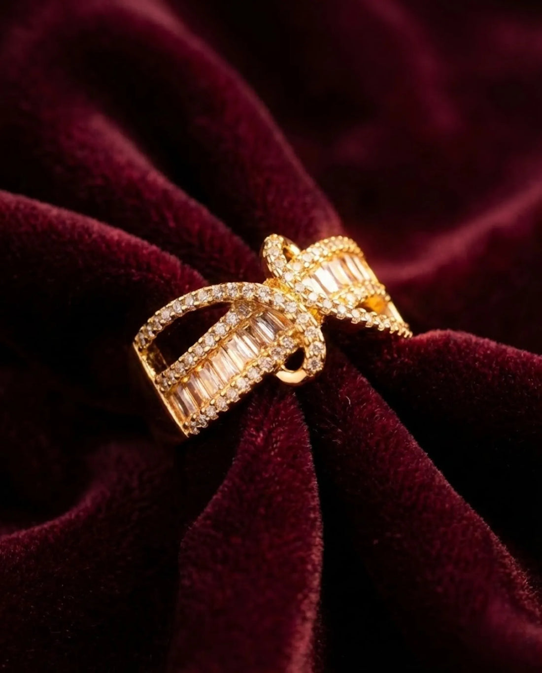 Orneza Gilded Bow Baguette Crystal Statement Ring