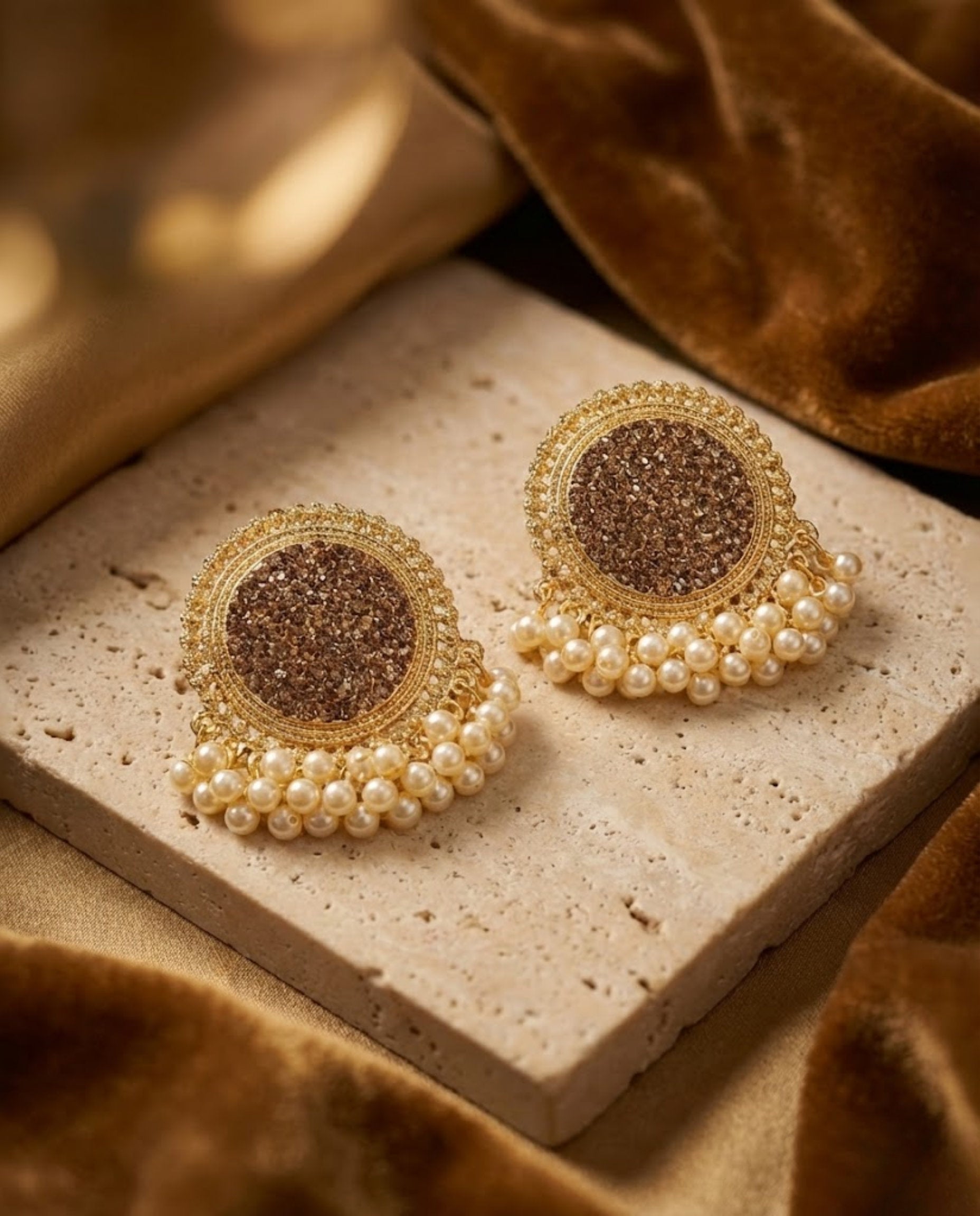 Antique Gold Crystal Stud Earrings with Cream Pearl Drops