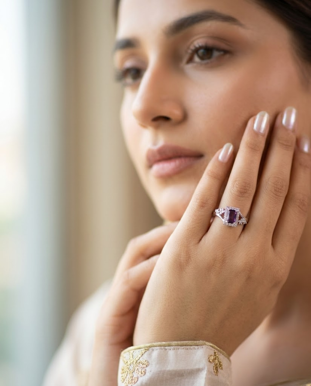 Orneza Emerald Cut Rhodolite Garnet Halo Ring in Silver
