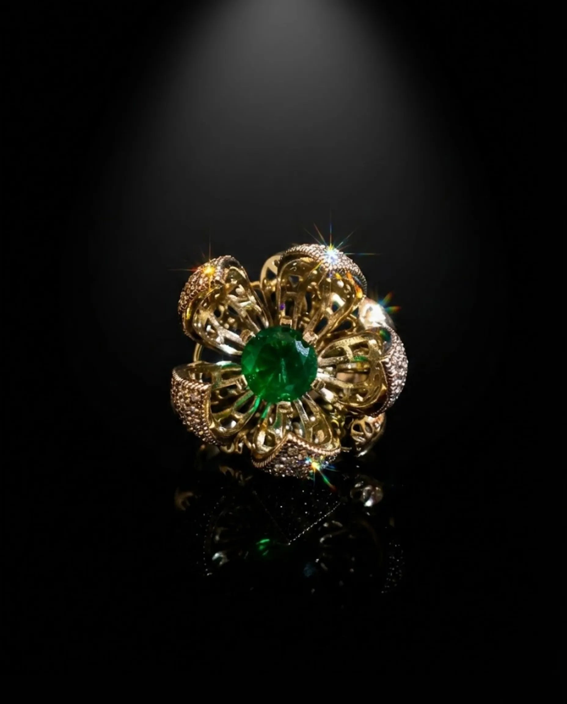 Orneza Blooming Lotus Emerald Gold Ring with Pavé Crystals