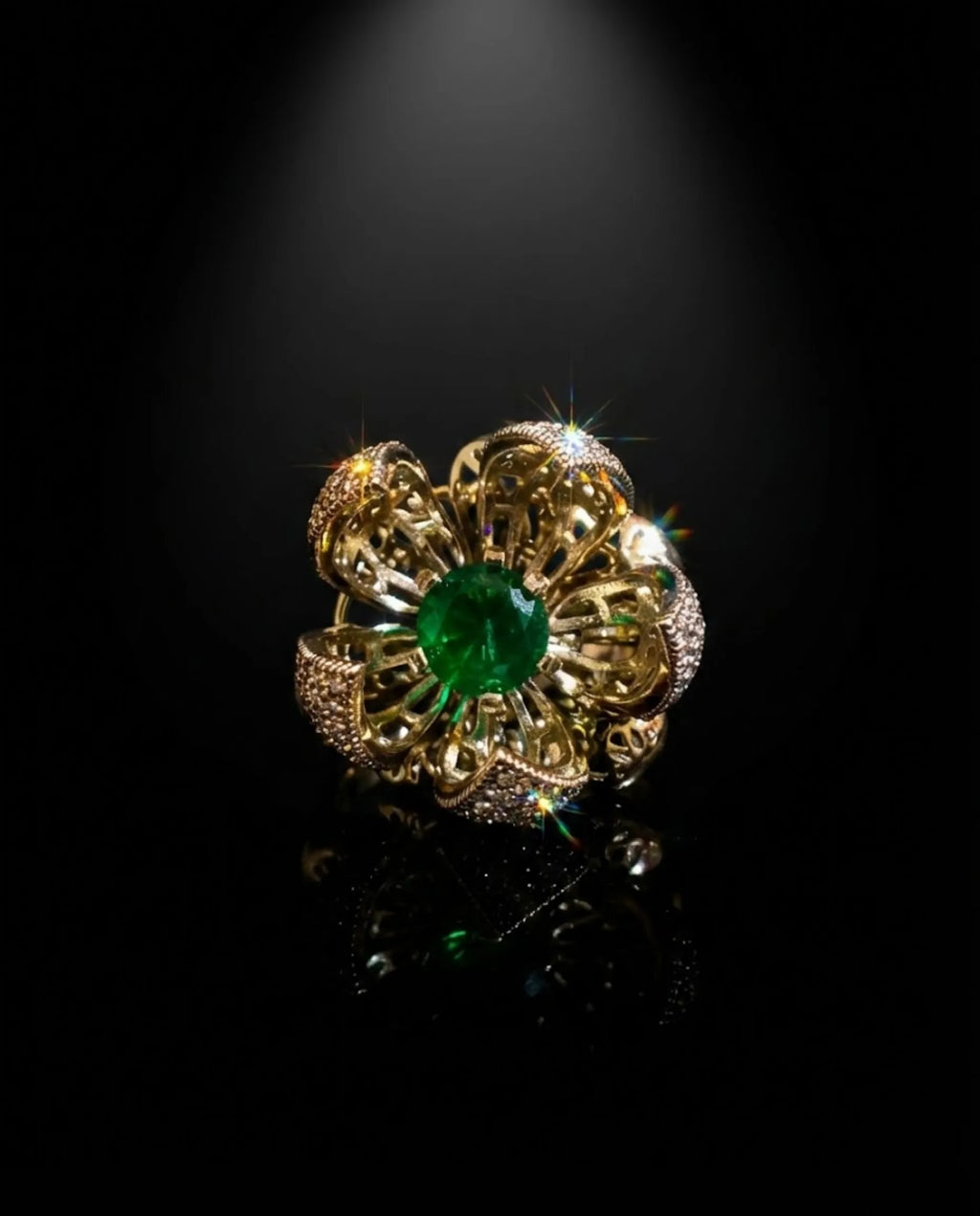 Orneza Blooming Lotus Emerald Gold Ring with Pavé Crystals