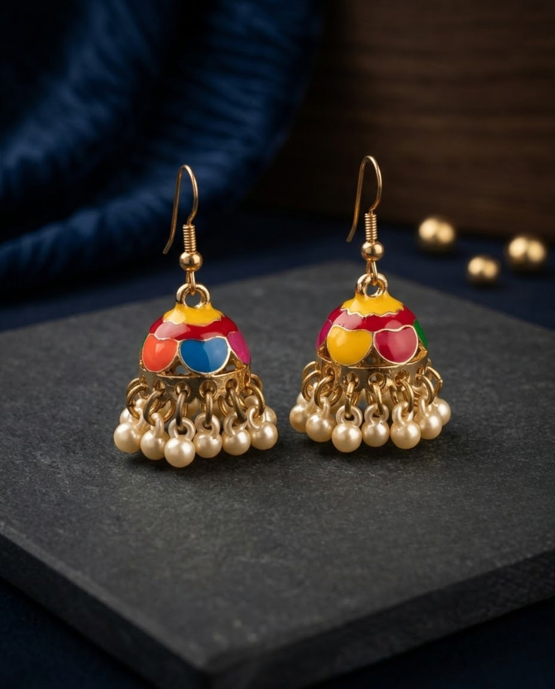 Orneza Multi-Color Scalloped Meenakari Jhumka Earrings