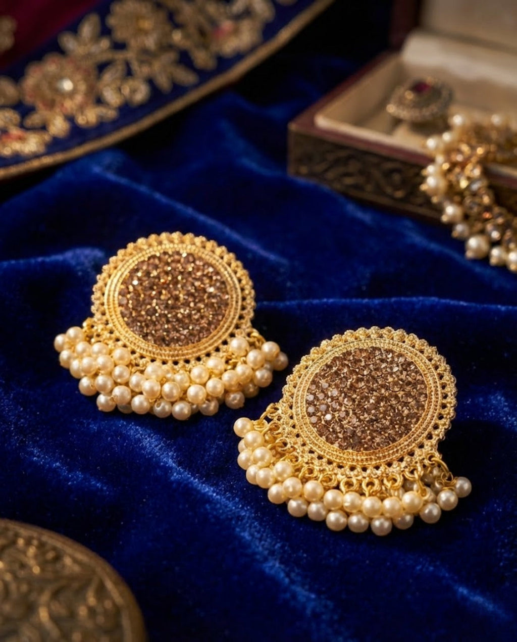 Antique Gold Crystal Stud Earrings with Cream Pearl Drops