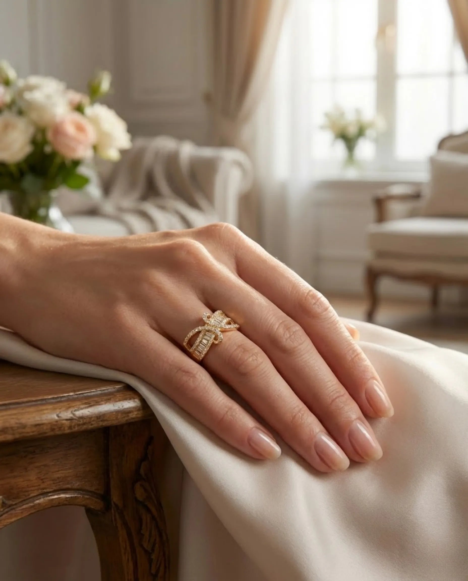 Orneza Gilded Bow Baguette Crystal Statement Ring