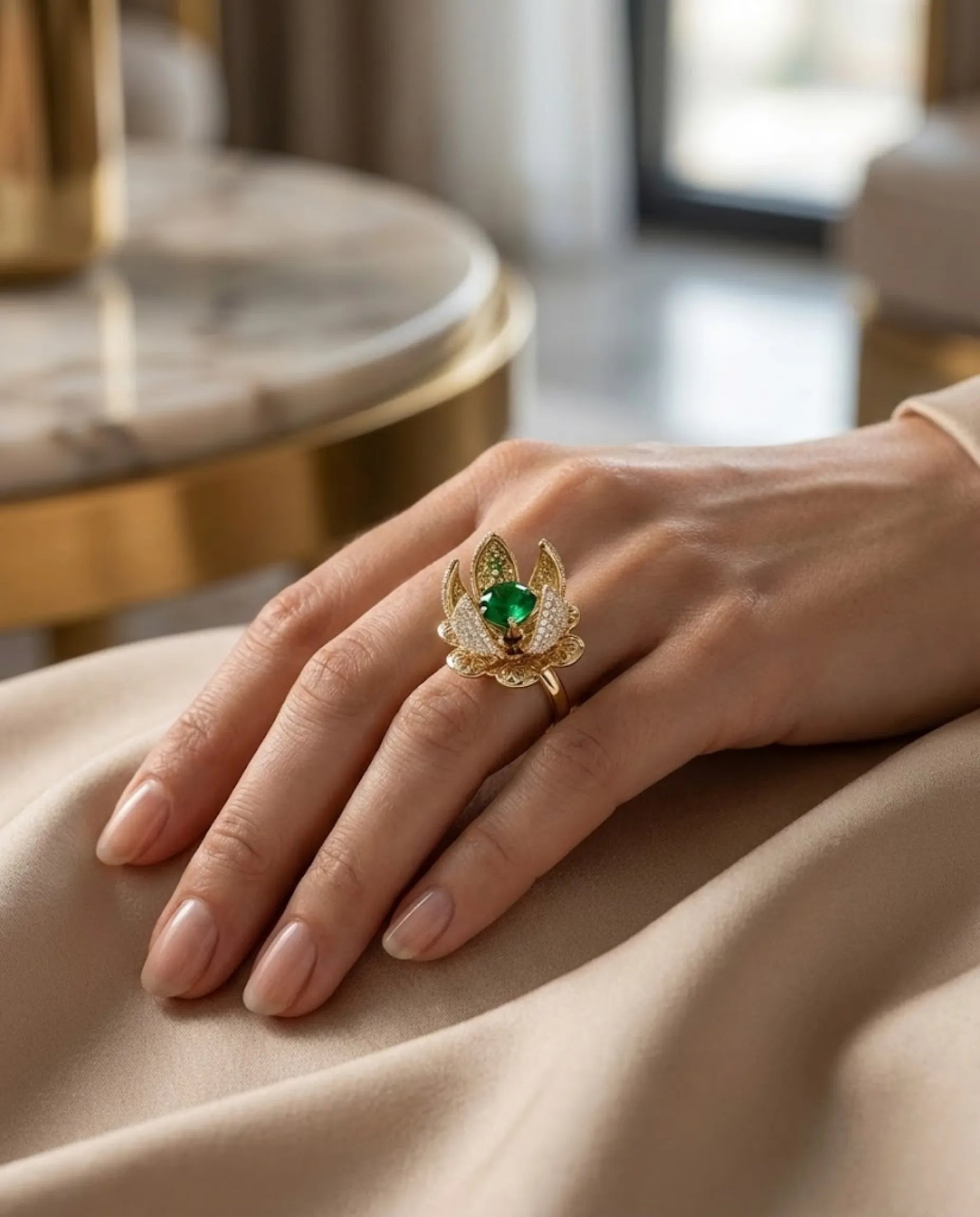 Orneza Blooming Lotus Emerald Gold Ring with Pavé Crystals