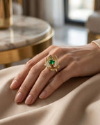 Orneza Blooming Lotus Emerald Gold Ring with Pavé Crystals