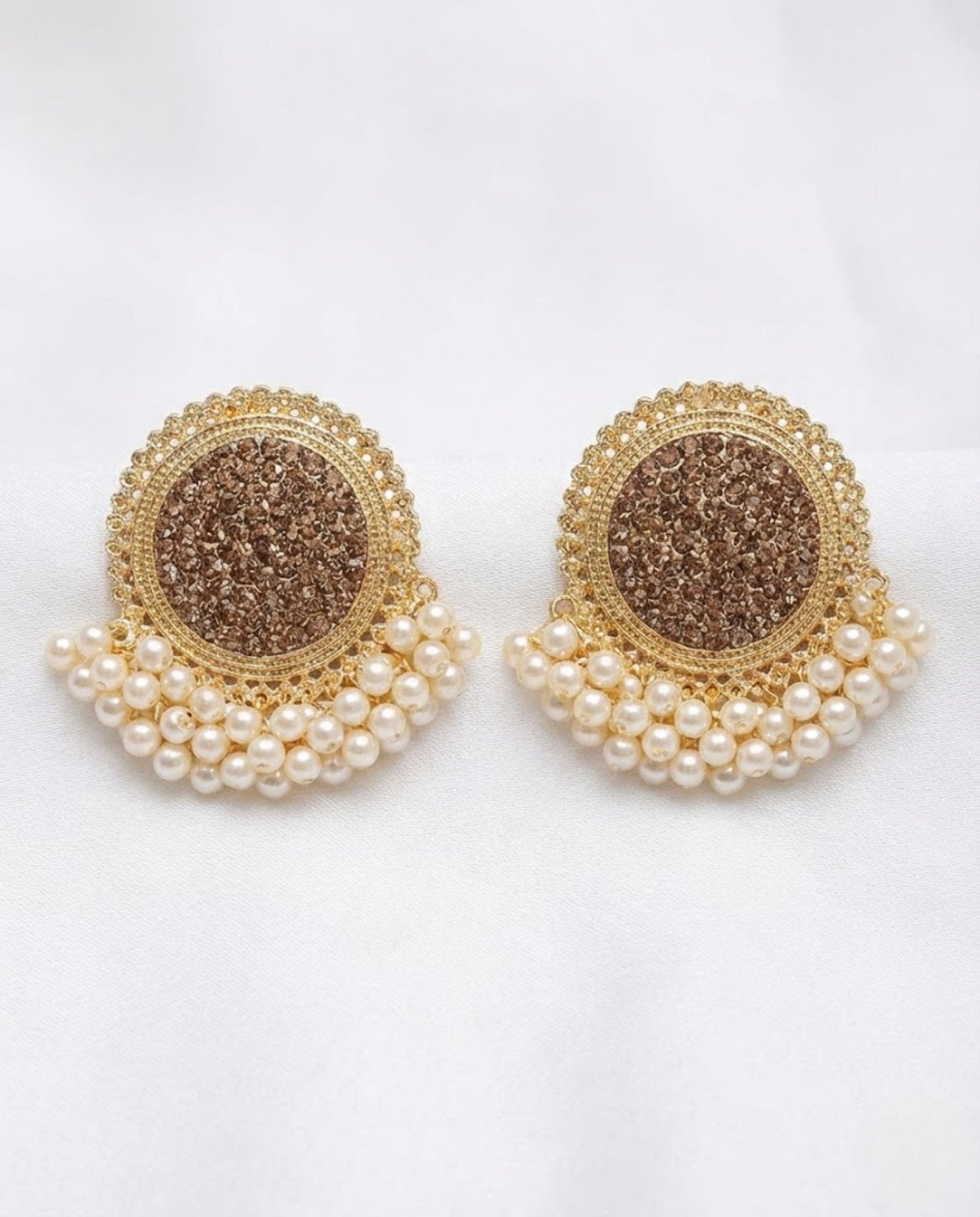 Antique Gold Crystal Stud Earrings with Cream Pearl Drops