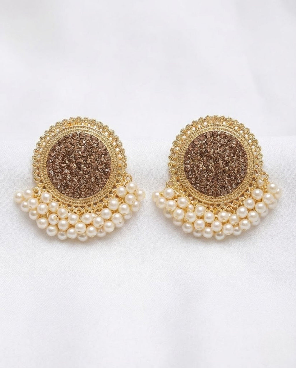Antique Gold Crystal Stud Earrings with Cream Pearl Drops
