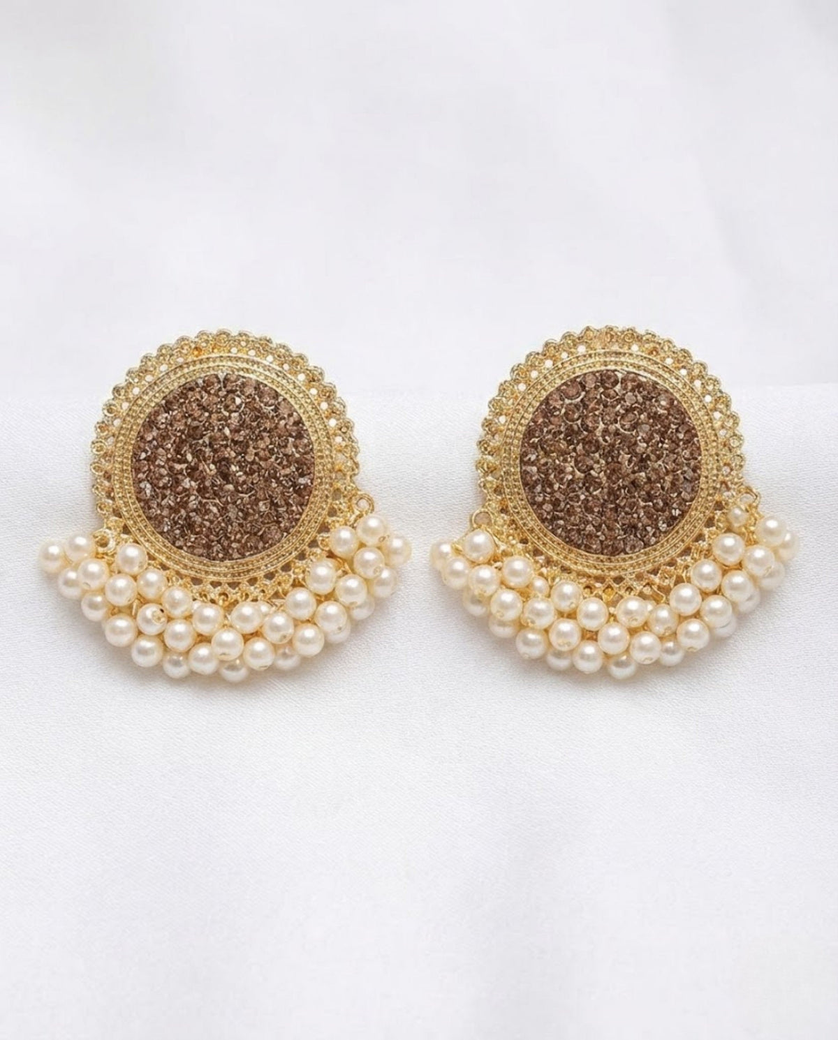 Antique Gold Crystal Stud Earrings with Cream Pearl Drops