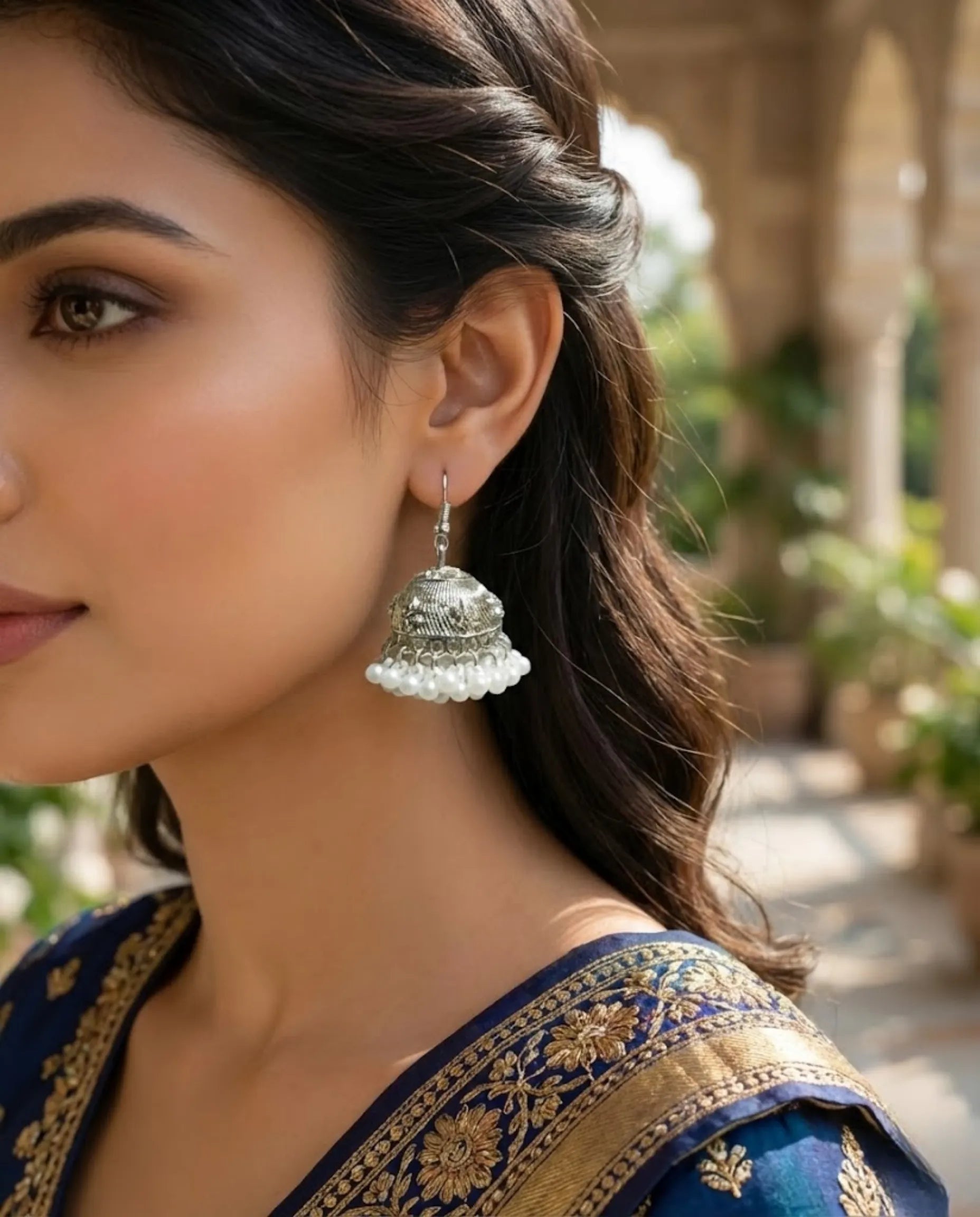 Orneza Silver Floral Filigree Jhumka Earrings with Pearls