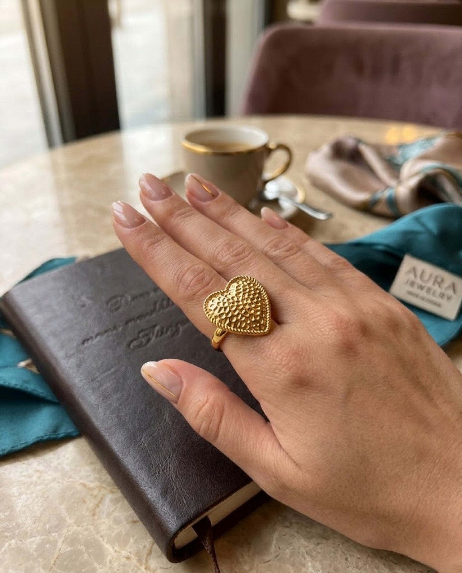 Orneza Amora Textured Gold Heart Statement Ring