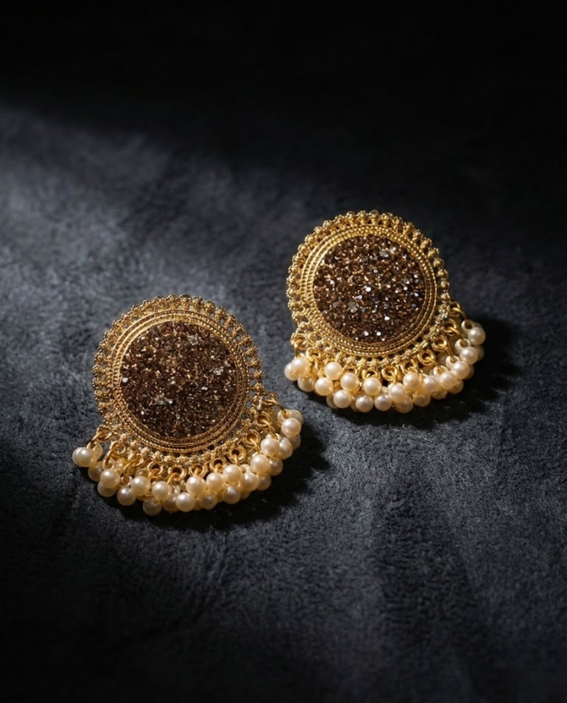 Antique Gold Crystal Stud Earrings with Cream Pearl Drops