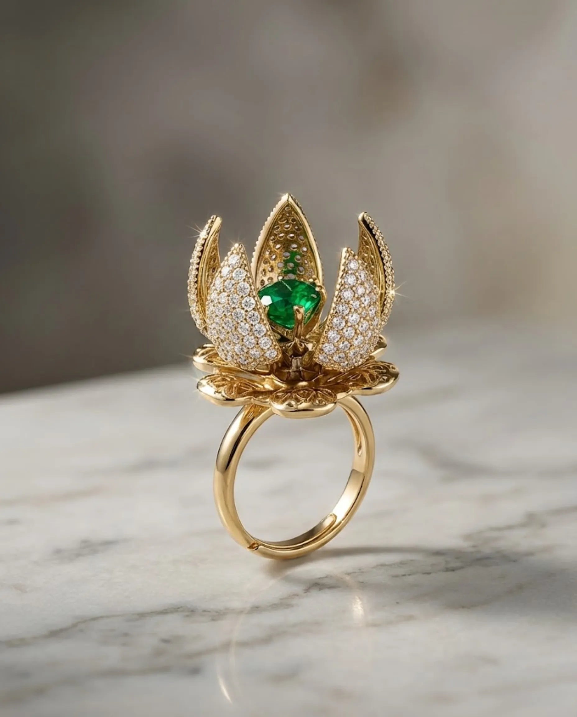 Orneza Blooming Lotus Emerald Gold Ring with Pavé Crystals