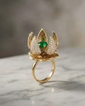Orneza Blooming Lotus Emerald Gold Ring with Pavé Crystals