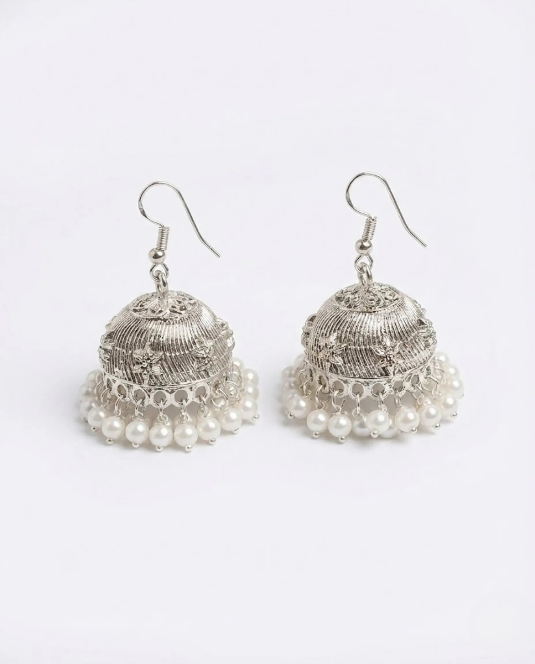 Orneza Silver Floral Filigree Jhumka Earrings with Pearls