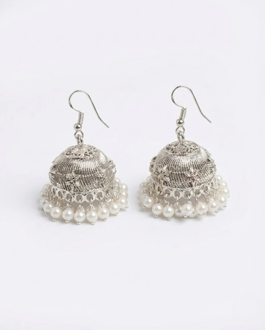 Orneza Silver Floral Filigree Jhumka Earrings with Pearls