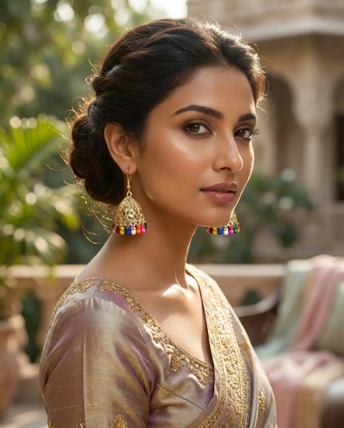 Orneza Multi-Color Beaded Gold Jhumka Earrings