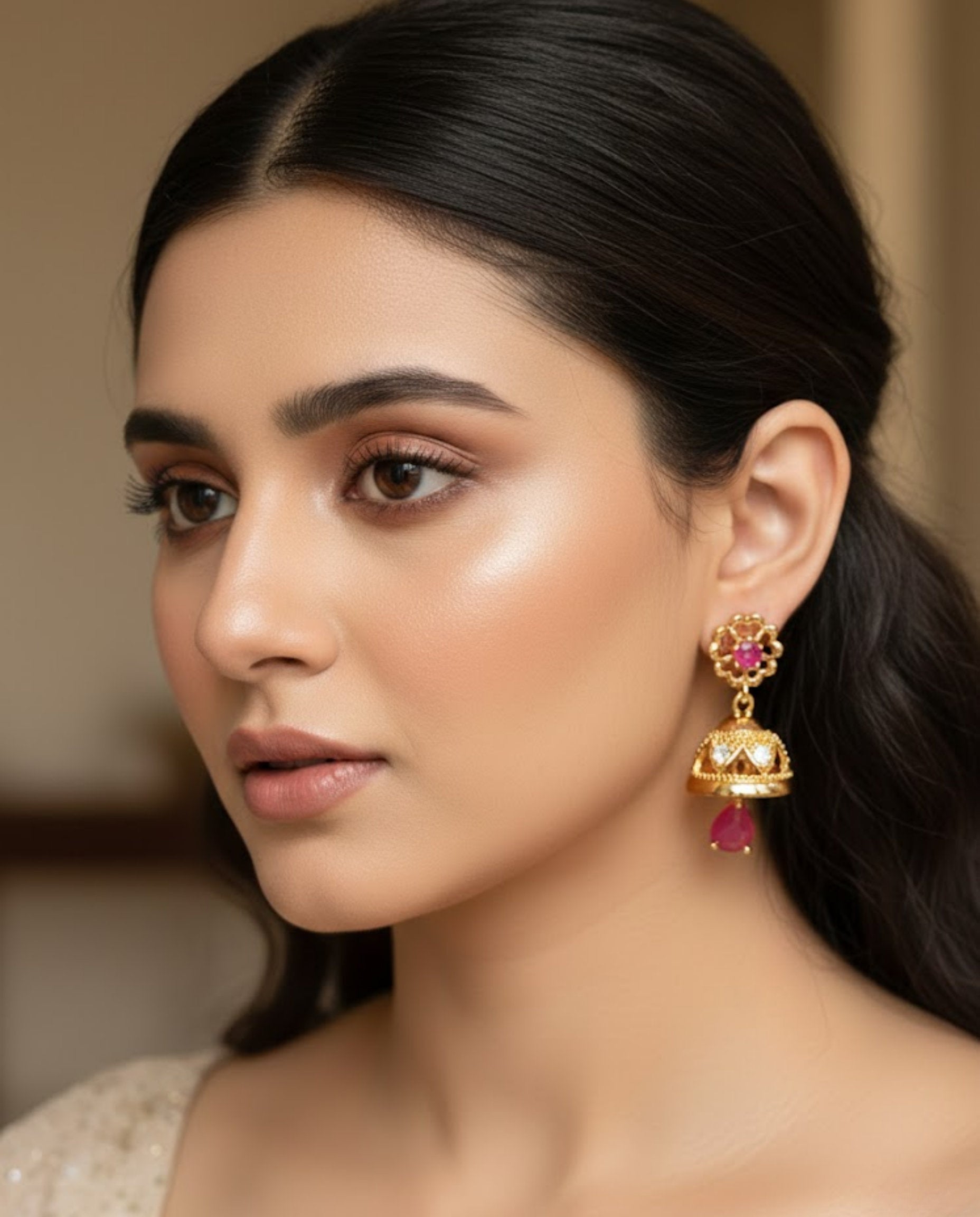 Orneza Royal Ruby Gold Jhumka Earrings