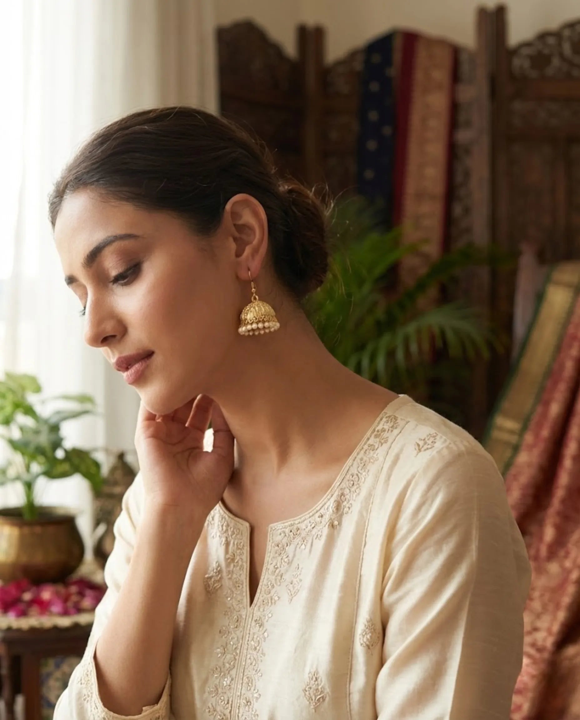 Orneza Gold Plated Square Jhumka Earrings with Ruby Drops