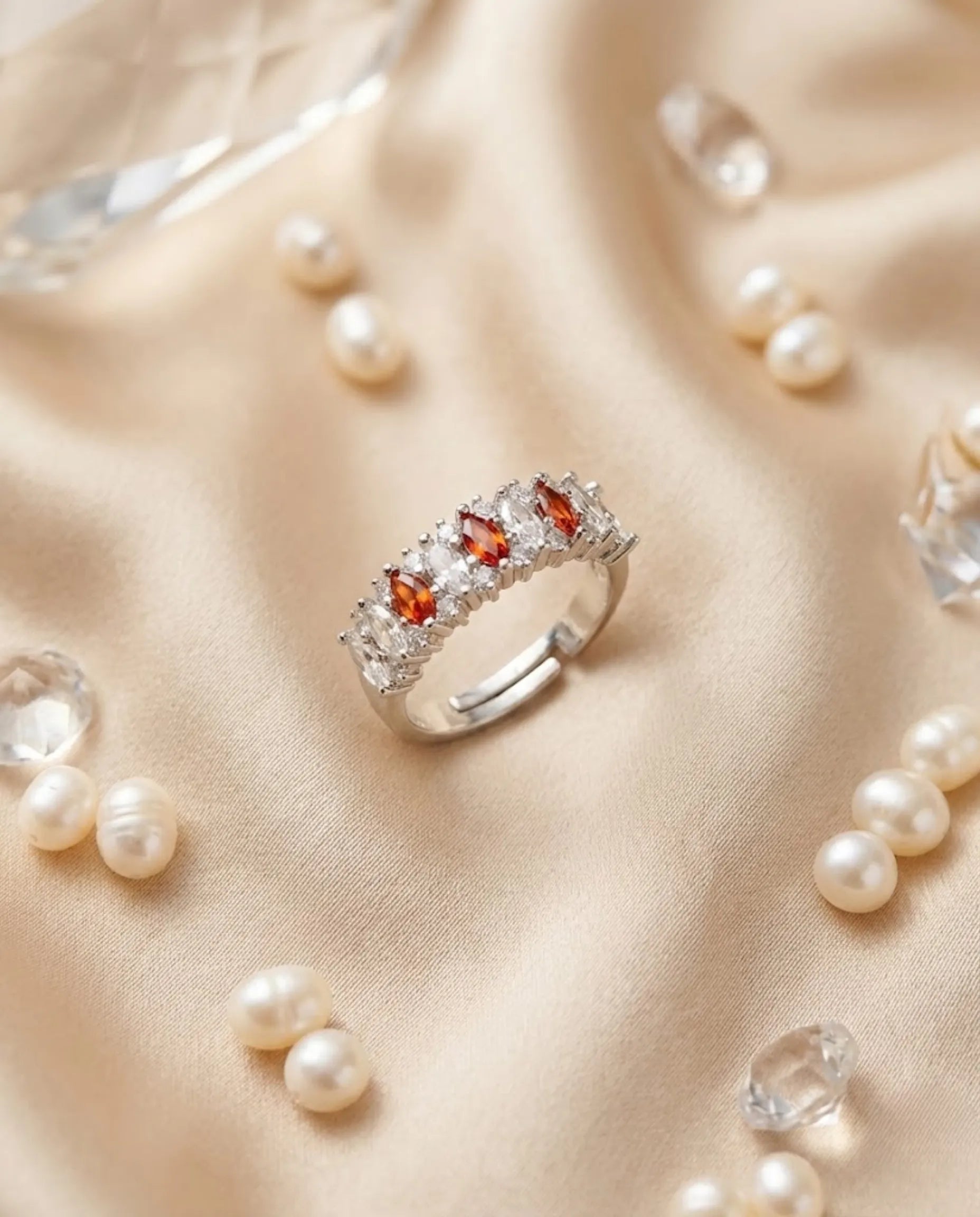 Orneza Marquise Garnet & Crystal Silver Eternity Ring