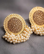 Antique Gold Crystal Stud Earrings with Cream Pearl Drops