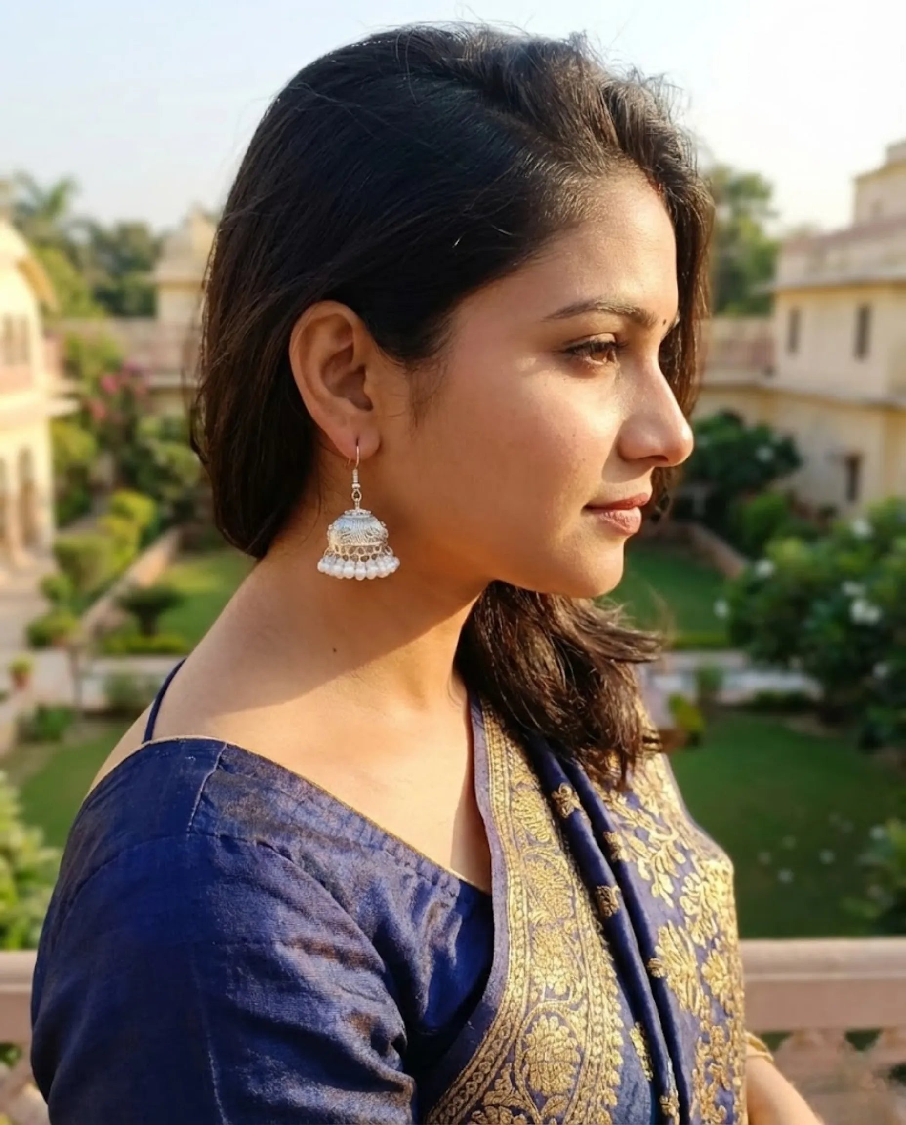 Orneza Silver Floral Filigree Jhumka Earrings with Pearls