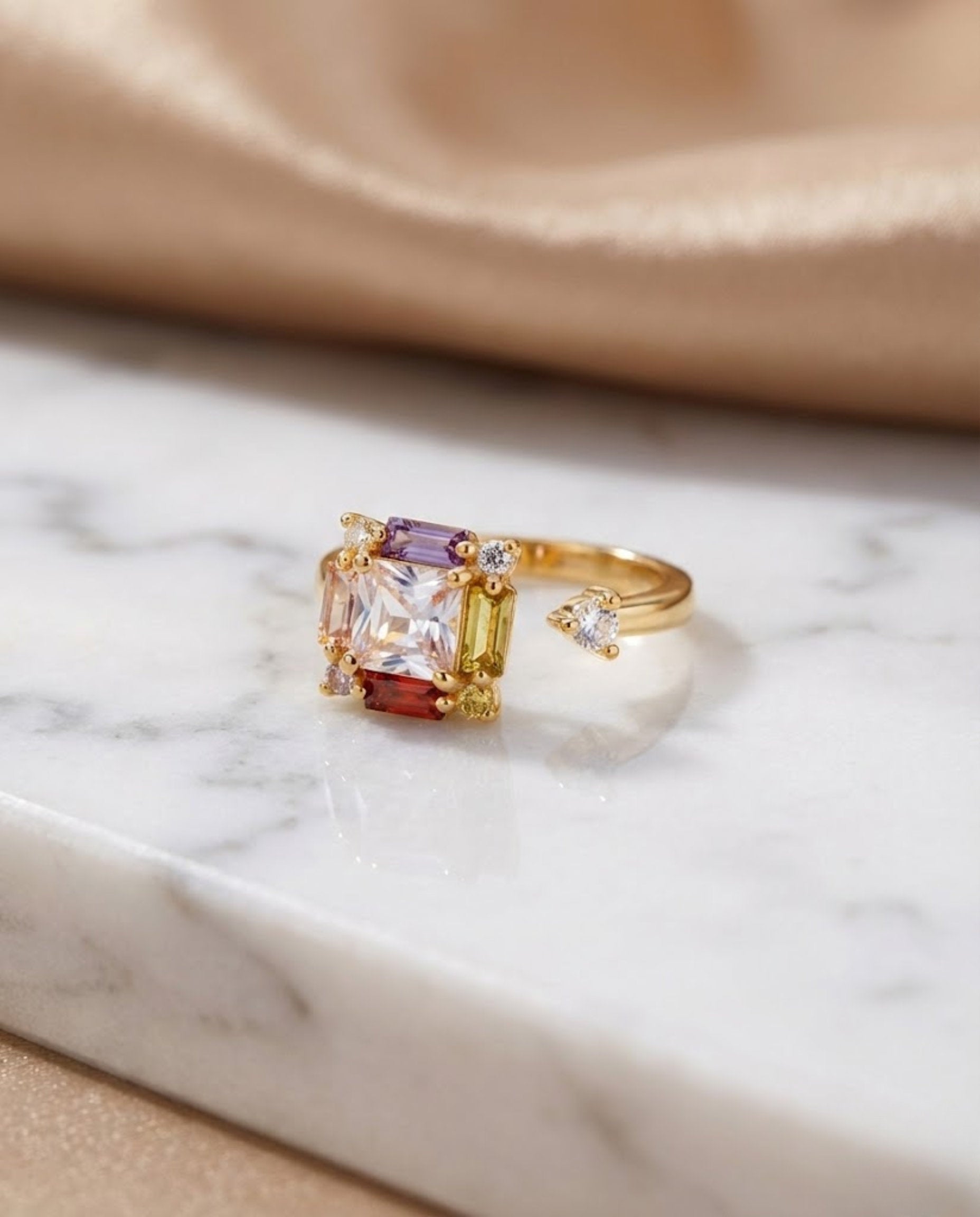 Orneza Multicolor Crystal Gold Adjustable Statement Ring