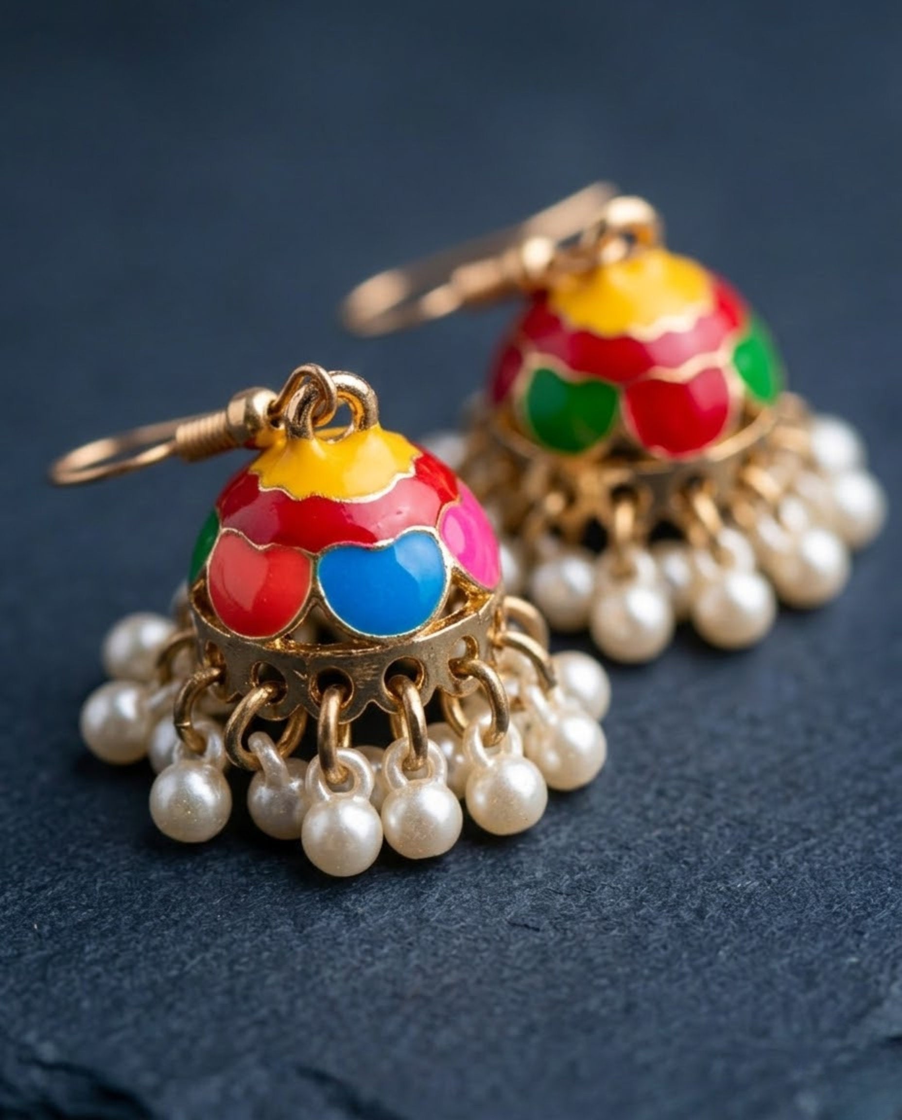 Orneza Multi-Color Scalloped Meenakari Jhumka Earrings