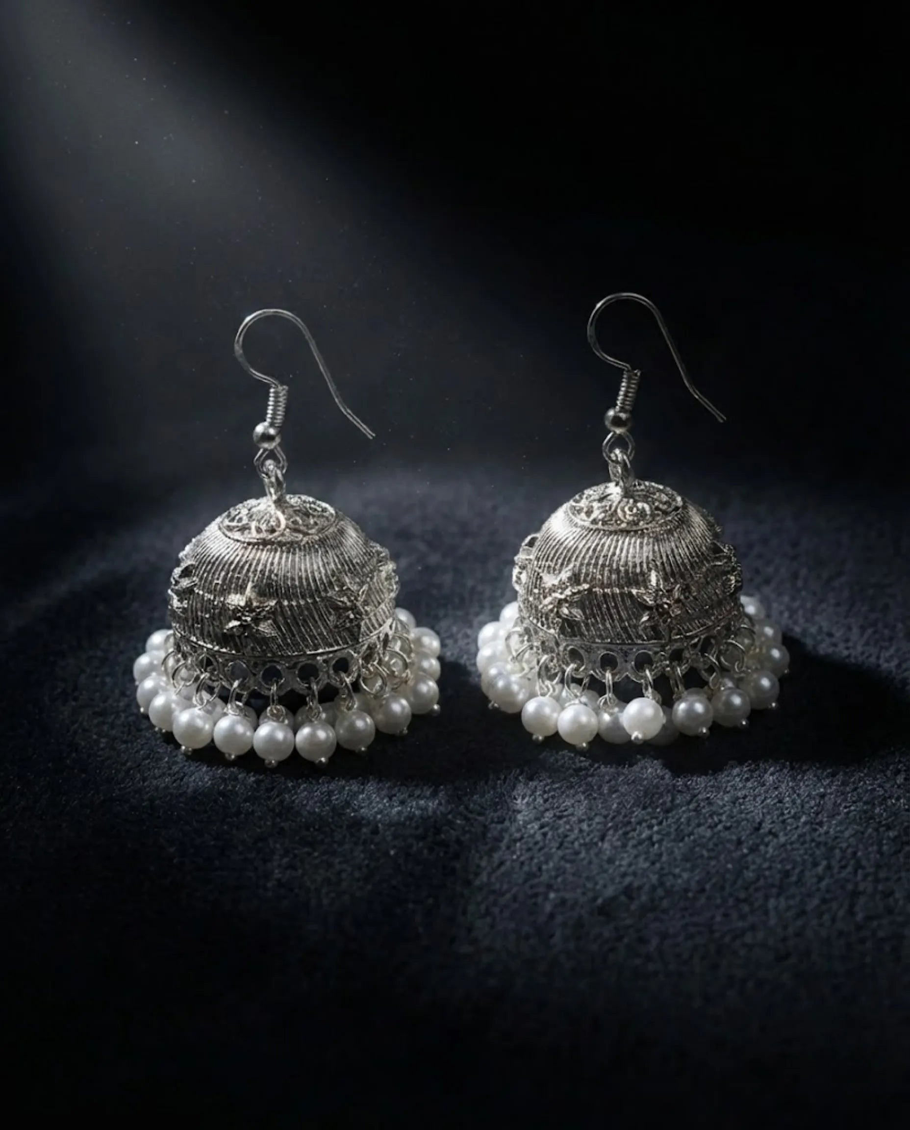 Orneza Silver Floral Filigree Jhumka Earrings with Pearls