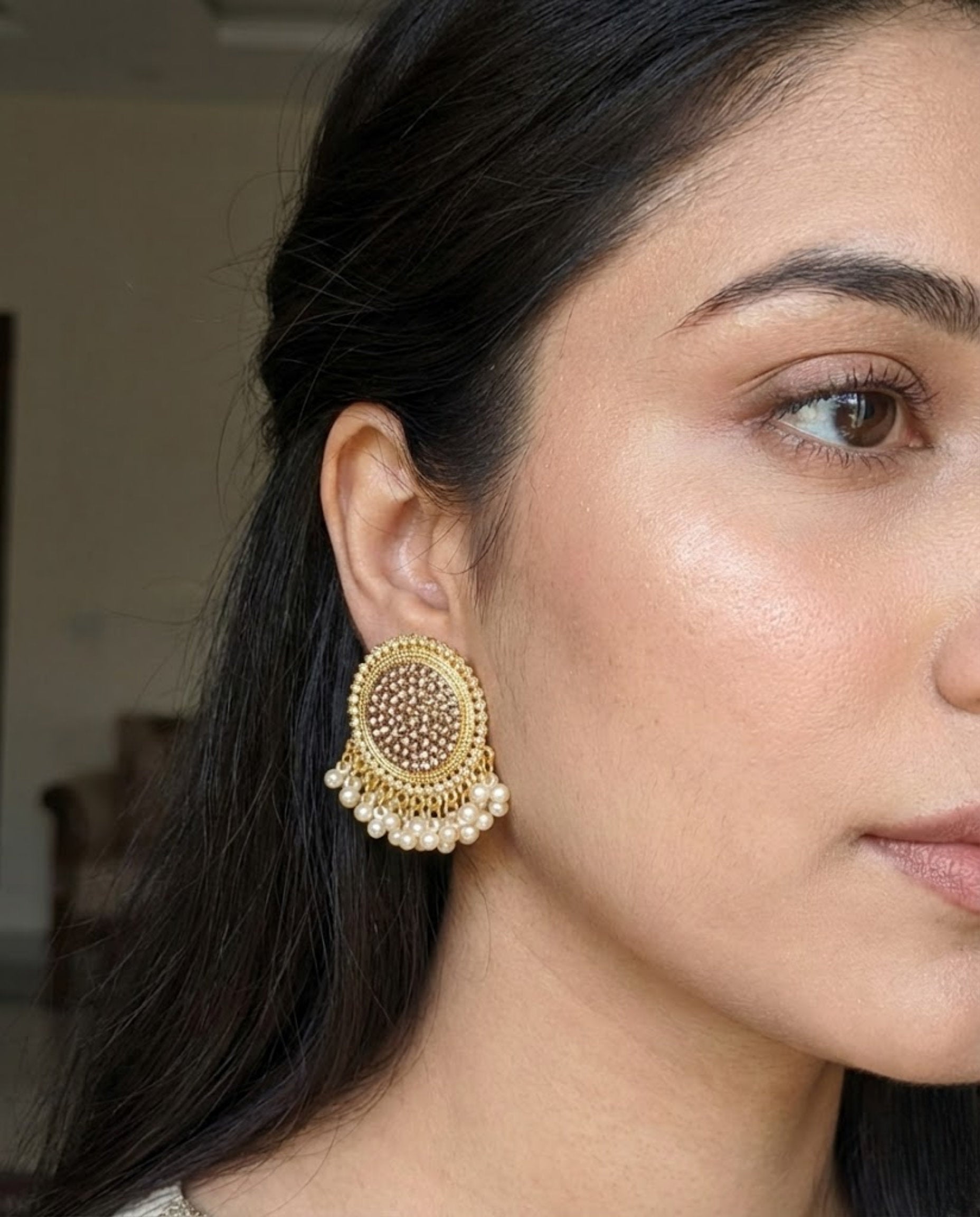 Antique Gold Crystal Stud Earrings with Cream Pearl Drops