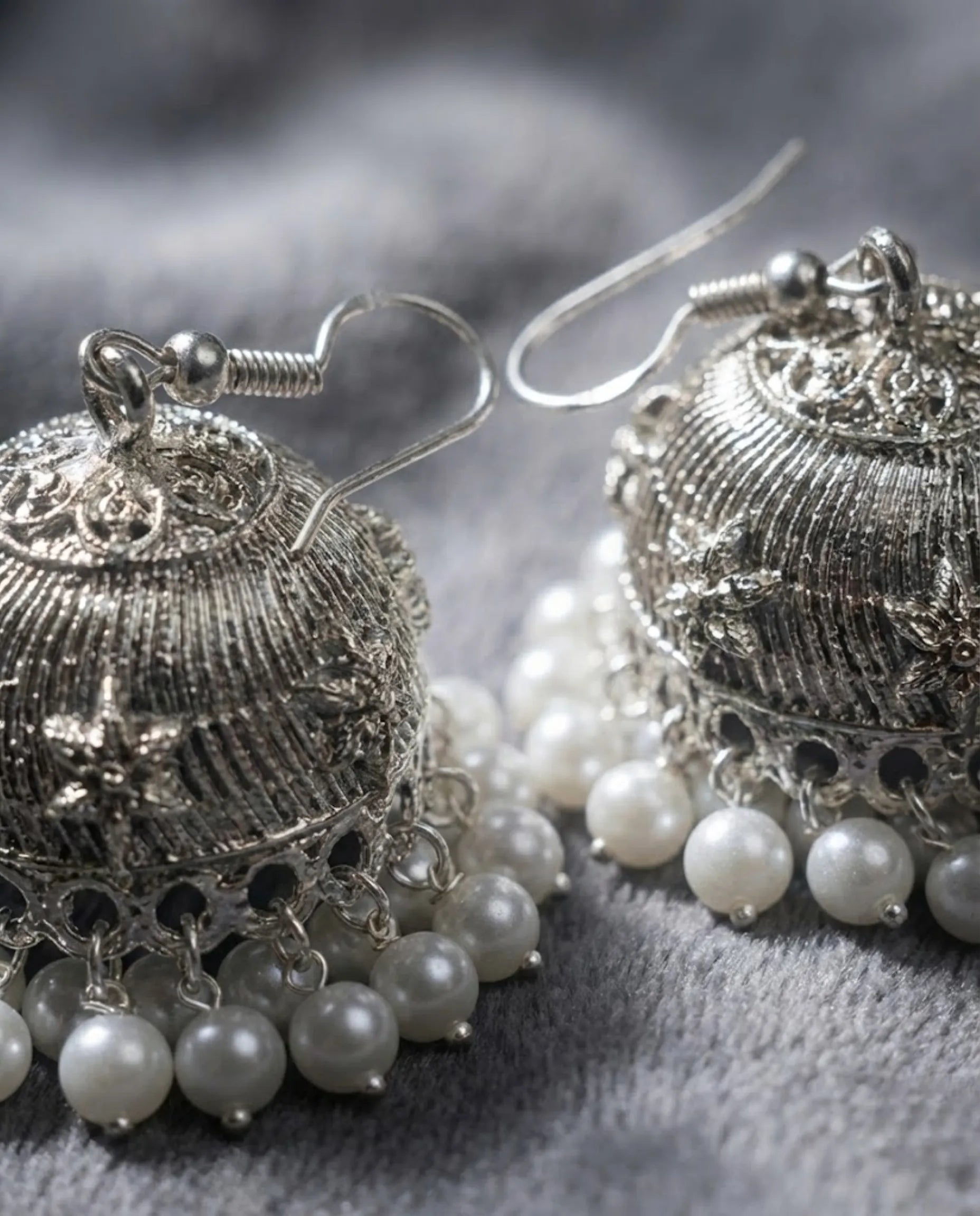 Orneza Silver Floral Filigree Jhumka Earrings with Pearls