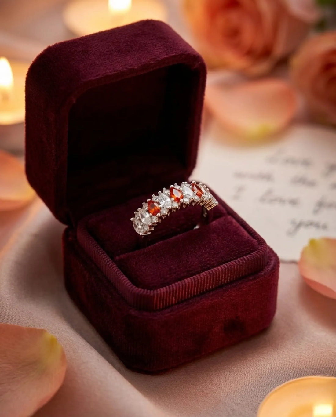 Orneza Marquise Garnet & Crystal Silver Eternity Ring