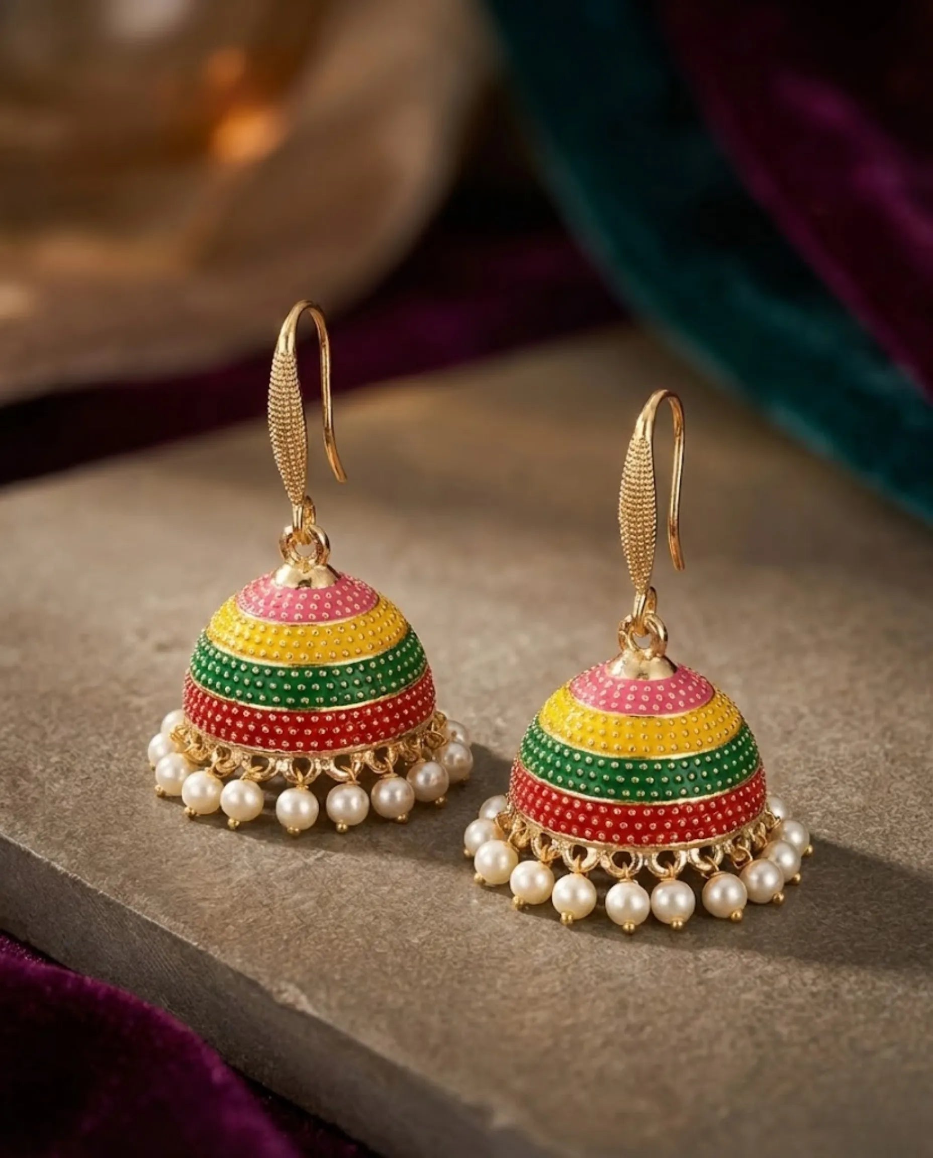 Orneza Festive Multi-Color Enamel Jhumka Earrings with Pearls