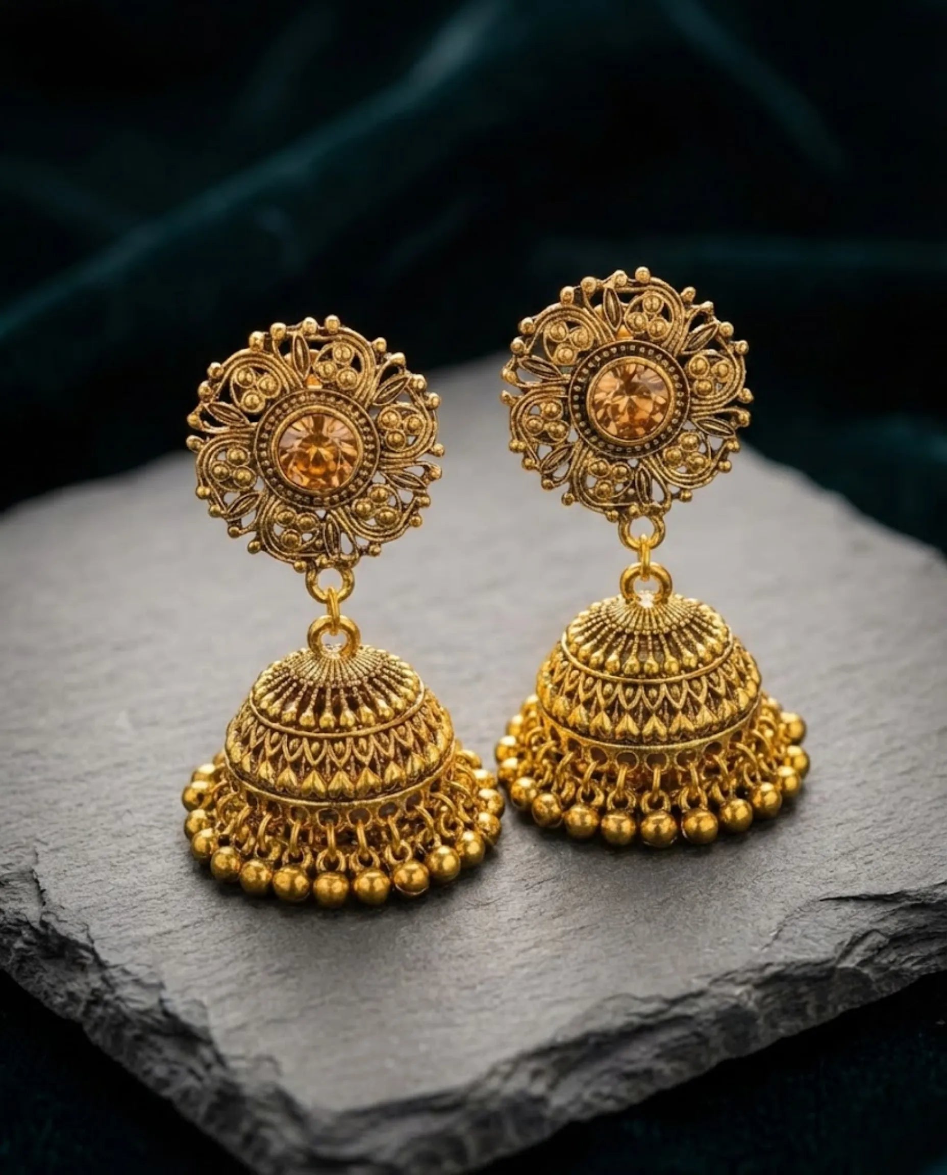 Antique Gold Crystal Jhumka Earrings by Orneza