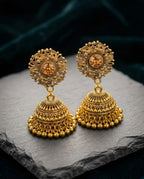Antique Gold Crystal Jhumka Earrings by Orneza