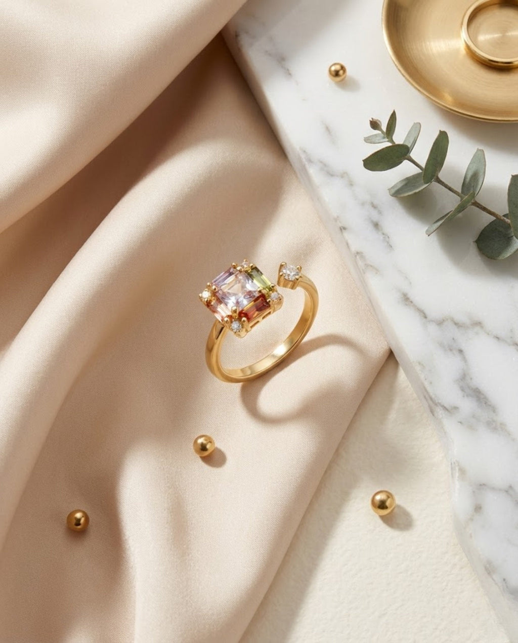 Orneza Multicolor Crystal Gold Adjustable Statement Ring