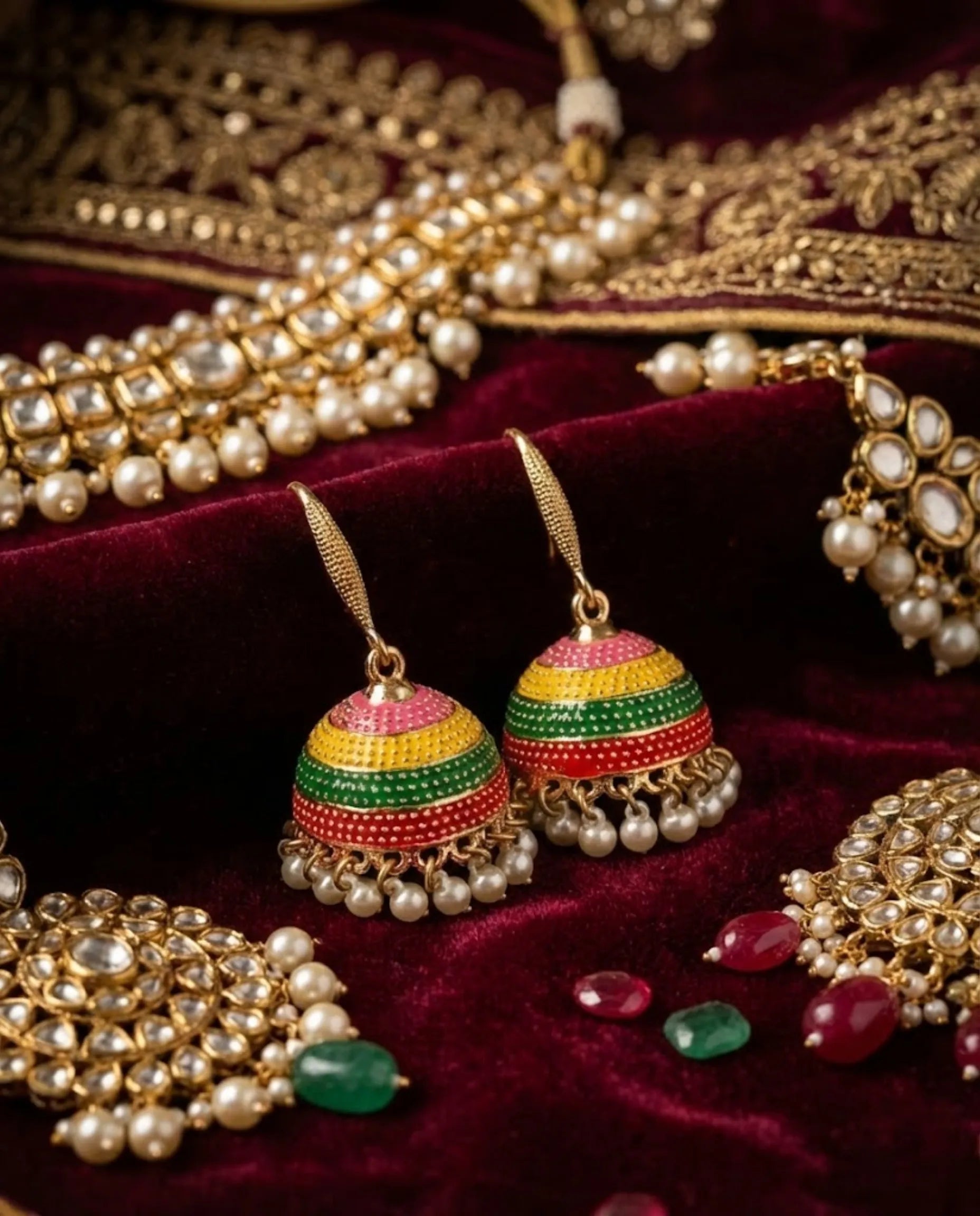 Orneza Festive Multi-Color Enamel Jhumka Earrings with Pearls