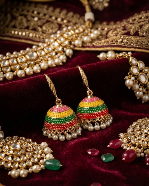 Orneza Festive Multi-Color Enamel Jhumka Earrings with Pearls